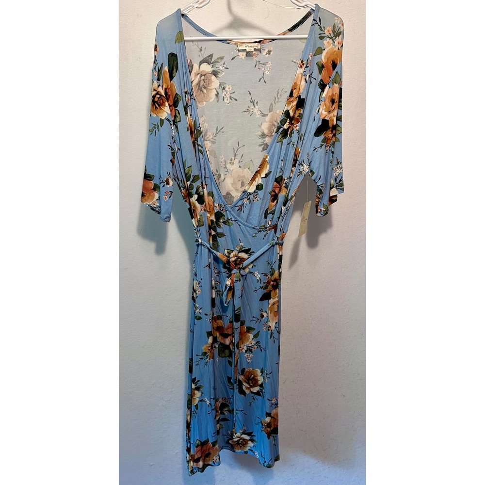 Misia Womens 1X Blue Floral Faux Wrap Midi Dress Short Sleeve V-Neck NWT